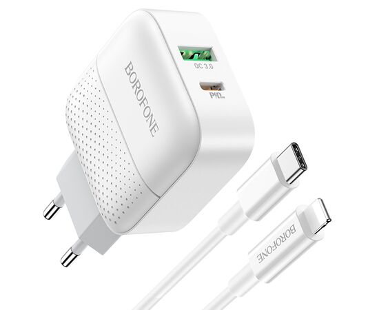  Сетевое зарядное устройство BOROFONE BA46A Premium 1xUSB + 1xUSB-C с Кабелем Type-C - Lightning, 3A, 18W, белый 