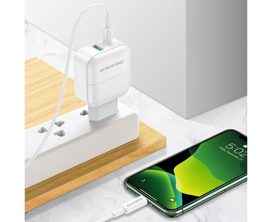  Сетевое зарядное устройство BOROFONE BA46A Premium 1xUSB + 1xUSB-C с Кабелем Type-C - Lightning, 3A, 18W, белый 