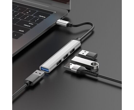  USB HUB разветвитель HOCO HB26 4 в 1 Type-C (m) - USB3.0 (f) + 3xUSB2.0 (f), серебристый 