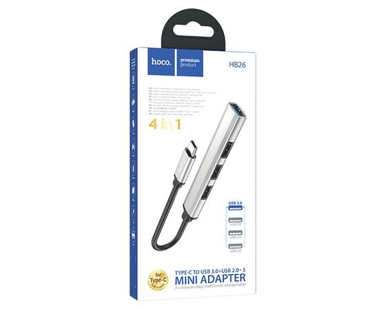  USB HUB разветвитель HOCO HB26 4 в 1 Type-C (m) - USB3.0 (f) + 3xUSB2.0 (f), серебристый 
