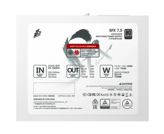  Блок питания 1STPLAYER SFX 750W Platinum White (PS-750SFX-WH) / SFX, APFC, 80 Plus Platinum, LLC+DC-DC, 80mm fan, full modular 