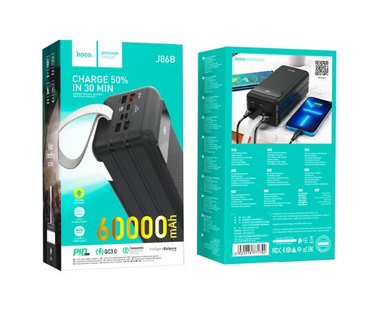  Аккумулятор внешний HOCO J86B, Electric, 60000mAh, пластик, LED, 3 USB, 8-pin, Micro, Type-C 22,5 Вт, PD3.0, цвет: чёрный 