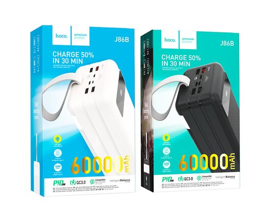  Аккумулятор внешний HOCO J86B, Electric, 60000mAh, пластик, LED, 3 USB, 8-pin, Micro, Type-C 22,5 Вт, PD3.0, цвет: чёрный 