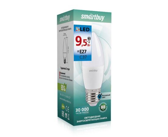  Лампа светодиодная SMARTBUY C37 9,5Вт 6000K E27 (свеча, холодный дневной свет) 
