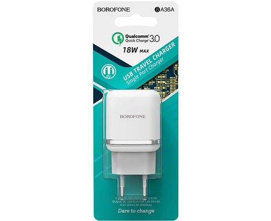  BOROFONE BA36A/ Сетевое ЗУ/ QC 3.0/ 1 USB/ Выход: 6.5V_9V_12V, 18W/ White 