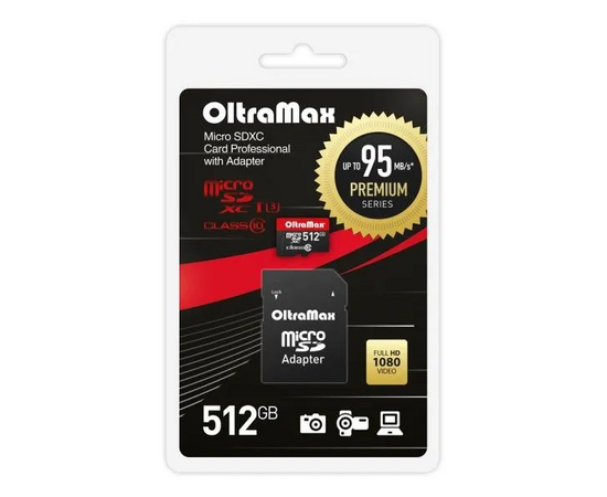  MicroSDXC  512GB  OltraMax Class 10 Premium UHS-I U3 (95 Mb/s) + SD адаптер 