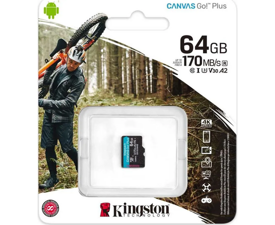  MicroSD  64GB  Kingston Class 10 Canvas Go Plus UHS-I U3 V30 A2 (170/70 Mb/s) без адаптера 