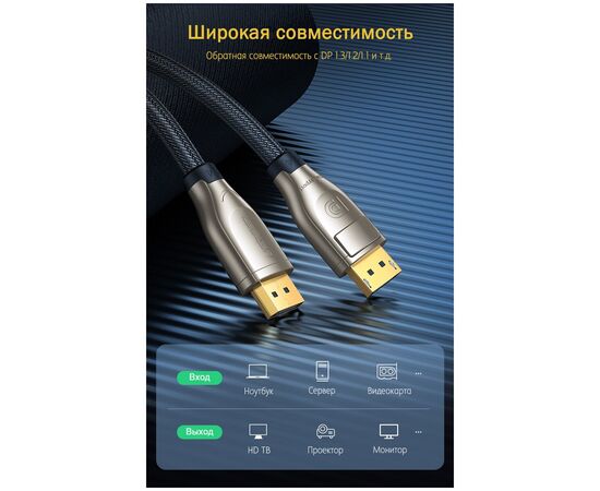  Кабель UGREEN DP112 60843 1.4 DP M/M Round Cable Zinc Alloy Shell with Braided 2m Black 