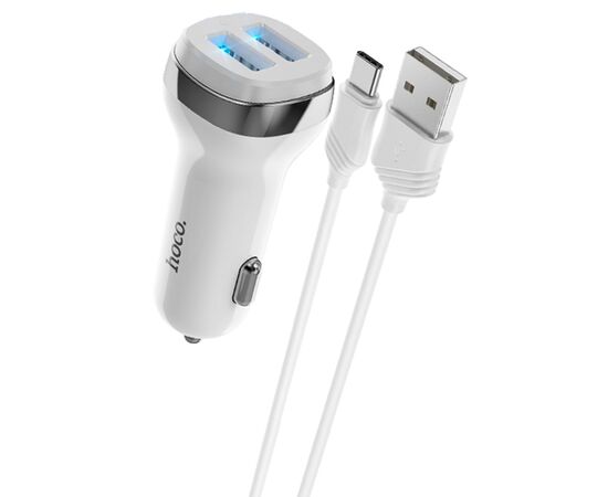  Автомобильное зарядное устройство HOCO Z40 Superior, 2xUSB с Кабелем USB - Type-C, 2.4A, белый 