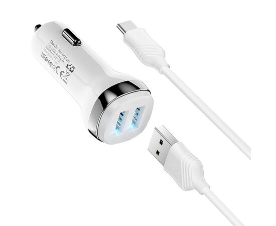  Автомобильное зарядное устройство HOCO Z40 Superior, 2xUSB с Кабелем USB - Type-C, 2.4A, белый 