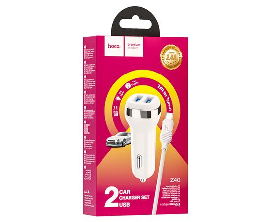  Автомобильное зарядное устройство HOCO Z40 Superior, 2xUSB с Кабелем USB - Type-C, 2.4A, белый 