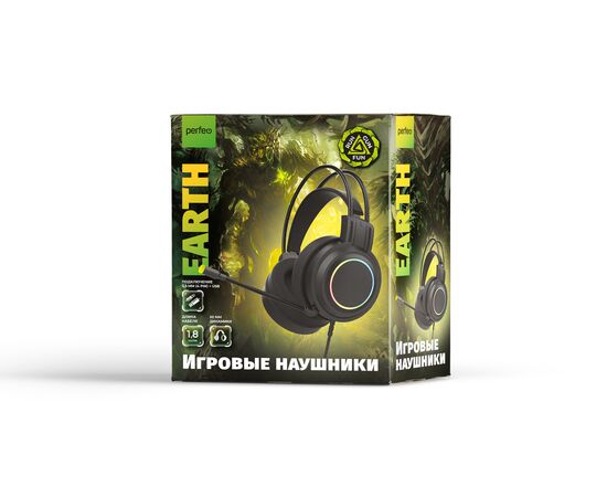  Игровая гарнитура Perfeo  RGF EARTH черная 1,8 м, разъем 3,5 мм (4 pin) и USB (LED), переходник 