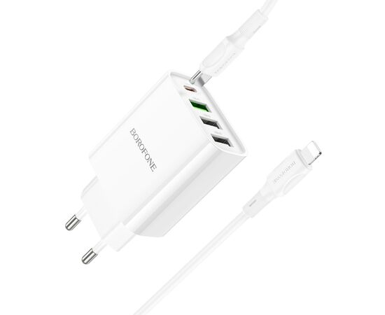  Сетевое зарядное устройство BOROFONE BA79A Clever 3xUSB + 1xUSB-C с Кабелем Type-C - Lightning, 20W, белый 