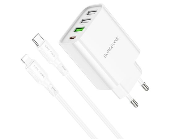  Сетевое зарядное устройство BOROFONE BA79A Clever 3xUSB + 1xUSB-C с Кабелем Type-C - Lightning, 20W, белый 