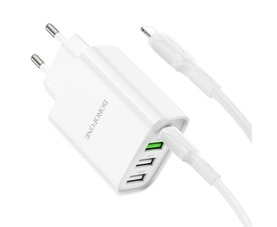  Сетевое зарядное устройство BOROFONE BA79A Clever 3xUSB + 1xUSB-C с Кабелем Type-C - Lightning, 20W, белый 