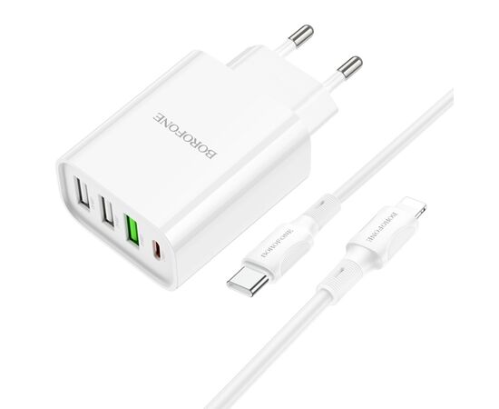  Сетевое зарядное устройство BOROFONE BA79A Clever 3xUSB + 1xUSB-C с Кабелем Type-C - Lightning, 20W, белый 