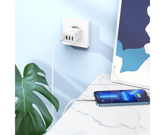  Сетевое зарядное устройство BOROFONE BA79A Clever 3xUSB + 1xUSB-C с Кабелем Type-C - Lightning, 20W, белый 