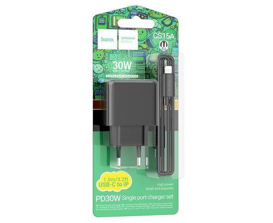  Сетевое зарядное устройство HOCO CS15A Ocean 1xUSB-C с Кабелем Type-C - Lightning, 30W, черный 
