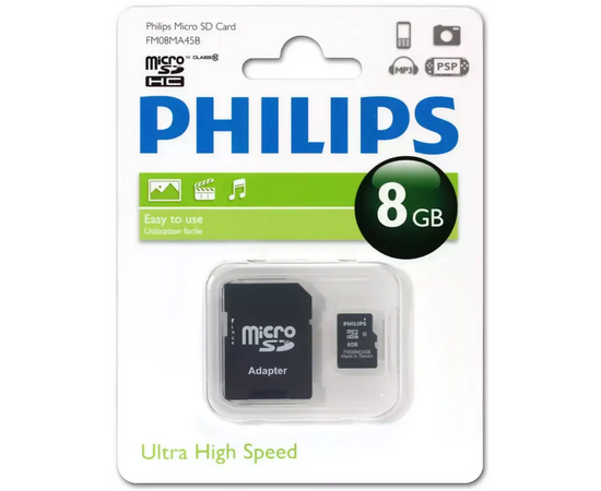  Карта памяти PHILIPS microSD FM08MA45B/97 8GB microSDHC Class 10 (SD адаптер) 