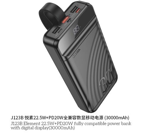  Внешний аккумулятор 30000mAh 22.5W+PD20W 3USB 3.0A с LED-дисплеем Hoco Element J123B (Black) 