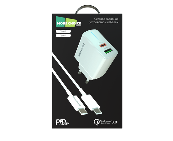  СЗУ 1USB+1USB-C 3.0A PD 20W+QC3.0 быстрая зарядка для Type-C Type-C More choice NC61a (White) 