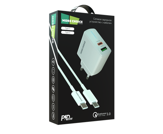  СЗУ 1USB+1USB-C 3.0A PD 20W+QC3.0 быстрая зарядка для Type-C Type-C More choice NC61a (White) 