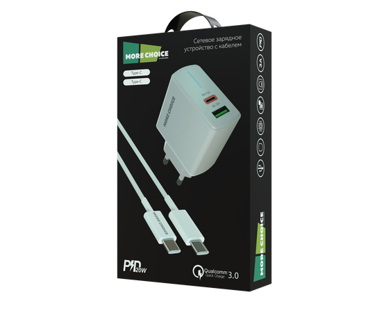  СЗУ 1USB+1USB-C 3.0A PD 20W+QC3.0 быстрая зарядка для Type-C Type-C More choice NC61a (White) 
