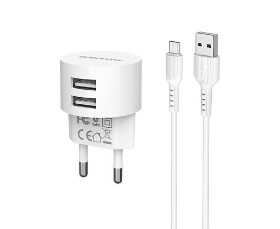  СЗУ 2USB 2.4A для micro USB с IC Borofone BA23A 1м (White) 