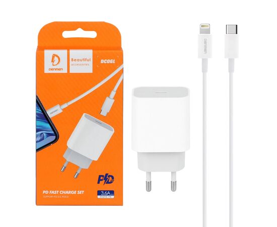  Сетевое зарядное утройство 2в1 Denmen DC06L, PD 20W, Apple 8 pin, 3.6А, 1 Type-C, 5V/9V, 1.0 м, белый, фирменная упаковка 