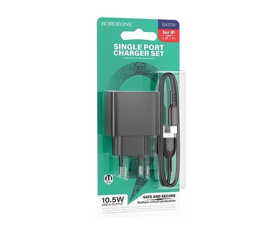 Адаптер Сетевой с кабелем Borofone BAS11A Erudite USB 2,1A/10,5W (USB/Lightning) (black) (225091) 