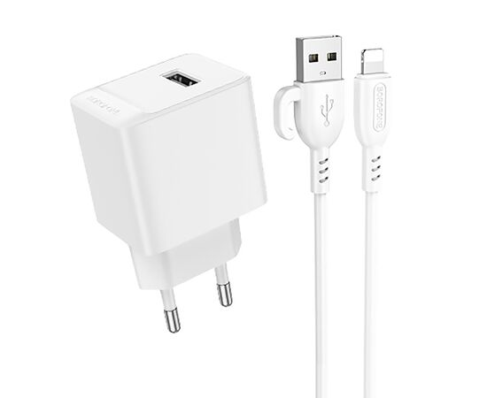  Адаптер Сетевой с кабелем Borofone BAS11A Erudite USB 2,1A/10,5W (USB/Lightning) (white) (225092) 