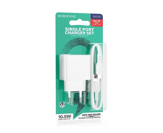  Адаптер Сетевой с кабелем Borofone BAS11A Erudite USB 2,1A/10,5W (USB/Lightning) (white) (225092) 