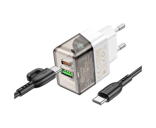  Сетевое зарядное устройство BOROFONE BA80A Scenery 1xUSB + 1xUSB-C с Кабелем Type-C - Type-C, 20W, черный 