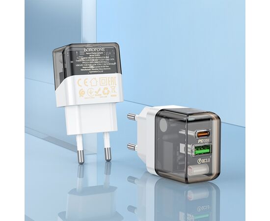  Сетевое зарядное устройство BOROFONE BA80A Scenery 1xUSB + 1xUSB-C с Кабелем Type-C - Type-C, 20W, черный 