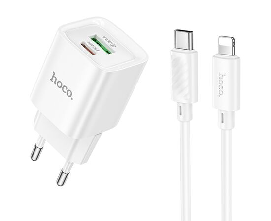  Сетевое зарядное устройство HOCO C147A Charm 1xUSB + 1xUSB-C с Кабелем Type-C - Lightning, 3A, 20W, белый 