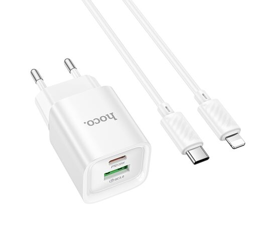  Сетевое зарядное устройство HOCO C147A Charm 1xUSB + 1xUSB-C с Кабелем Type-C - Lightning, 3A, 20W, белый 