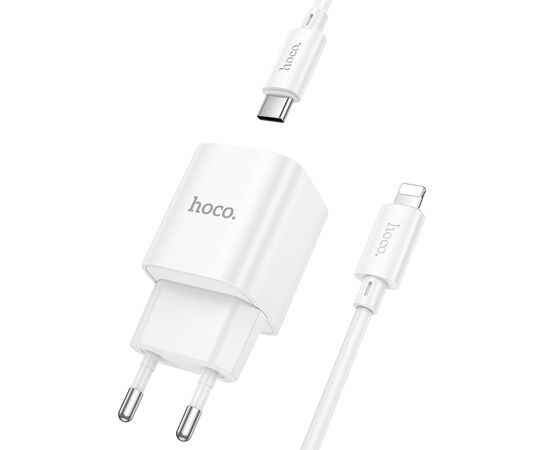  Сетевое зарядное устройство HOCO C147A Charm 1xUSB + 1xUSB-C с Кабелем Type-C - Lightning, 3A, 20W, белый 