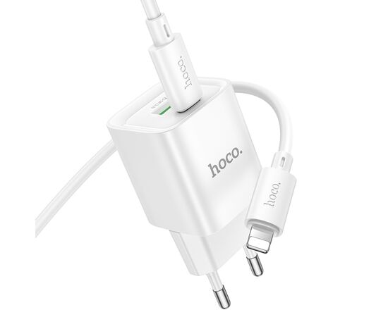  Сетевое зарядное устройство HOCO C147A Charm 1xUSB + 1xUSB-C с Кабелем Type-C - Lightning, 3A, 20W, белый 
