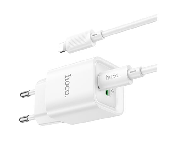  Сетевое зарядное устройство HOCO C147A Charm 1xUSB + 1xUSB-C с Кабелем Type-C - Lightning, 3A, 20W, белый 