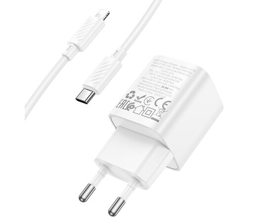  Сетевое зарядное устройство HOCO C147A Charm 1xUSB + 1xUSB-C с Кабелем Type-C - Lightning, 3A, 20W, белый 