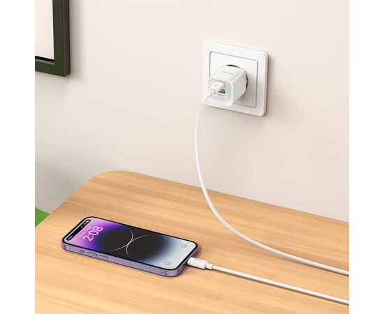  Сетевое зарядное устройство HOCO C147A Charm 1xUSB + 1xUSB-C с Кабелем Type-C - Lightning, 3A, 20W, белый 