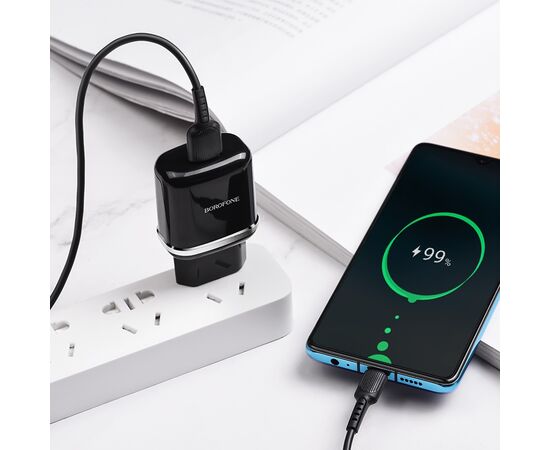  Блок питания сетевой Borofone 1 USB, BA36A, Hight Speed, пластик, QC3.0, цвет: чёрный (1/65/260) 