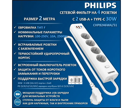  Сетевой фильтр Philips CHP8246WA/51 2м, 4 розетки белый (коробка) 