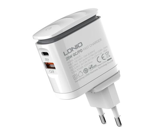  LDNIO A2423C/ Сетевое ЗУ+LED свет.+Кабель PD/ PD+QC 3.0/ 2 USB/  Выход: 3.3-12V, max 25W/ White 