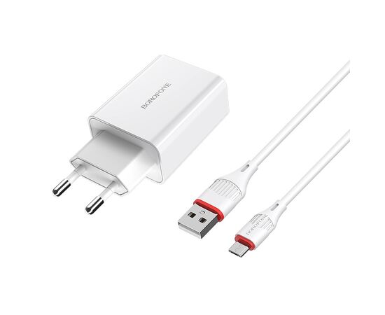  Блок питания сетевой 1 USB Borofone, BA21A, Longjourney, 2.4A, пластик, быстрая зарядка 3.0, кабель микро USB, цвет: белый (1/48/192) 