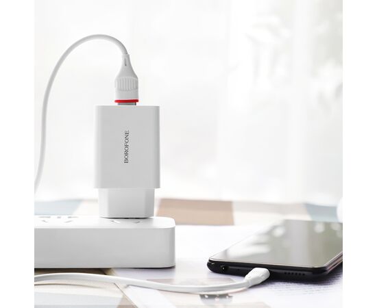  Блок питания сетевой 1 USB Borofone, BA21A, Longjourney, 2.4A, пластик, быстрая зарядка 3.0, кабель микро USB, цвет: белый (1/48/192) 