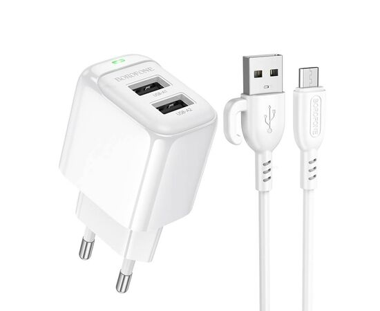  Адаптер Сетевой с кабелем Borofone BAS41A Potential 2USB 2,4A/12W (USB/Micro USB) (white) (235126) 