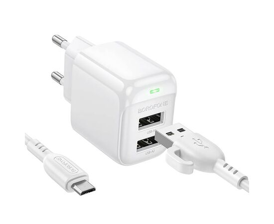  Адаптер Сетевой с кабелем Borofone BAS41A Potential 2USB 2,4A/12W (USB/Micro USB) (white) (235126) 