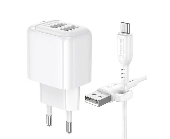  Адаптер Сетевой с кабелем Borofone BAS41A Potential 2USB 2,4A/12W (USB/Micro USB) (white) (235126) 