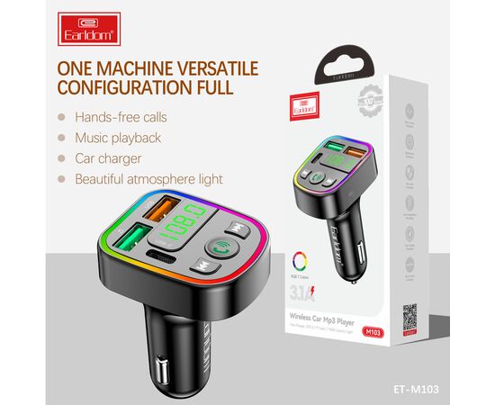  ФМ модулятор (2USB выхода + USB-C, Bluetooth) Earldom ET-M103,3.1A, с подсветкой 